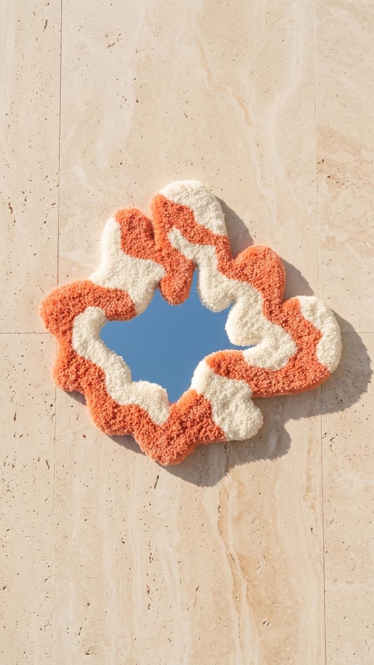 Handmade Tufted Wavy Mirror, Terracotta Cream Organic Wall Decor
