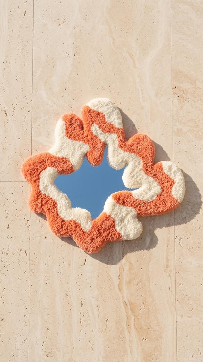 Handmade Tufted Wavy Mirror, Terracotta Cream Organic Wall Decor