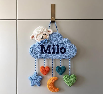 Personalized Cloud Name Sign, Tufted Sheep Nursery Art, Punch Needle Decor