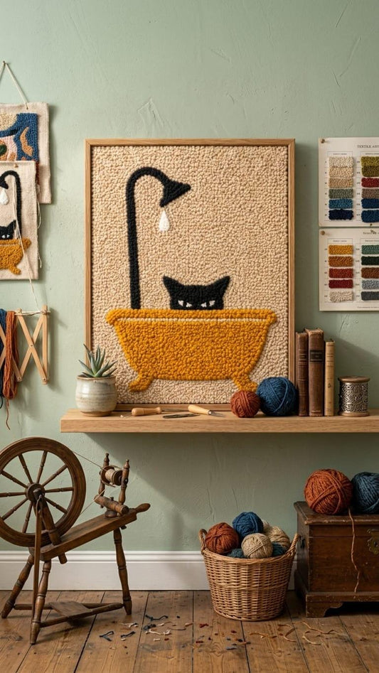 Funny Black Cat Bathtub Wall Art | Tufted Cat in Bath Punch Needle Frame | Cute Bathroom Restroom Decor | Framed Textile Art Gift