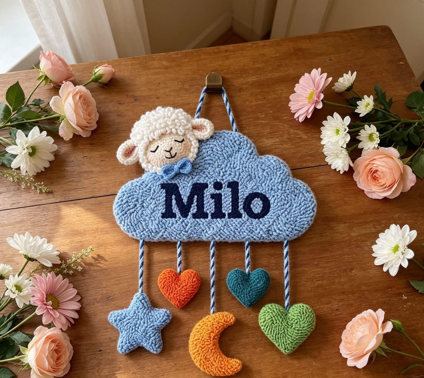 Personalized Cloud Name Sign, Tufted Sheep Nursery Art, Punch Needle Decor