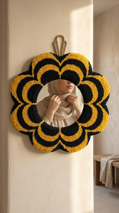 Tufted Flower Mirror, Yellow Black Wavy Punch Needle Wall, Groovy 70s Y2K Hanging Mirror