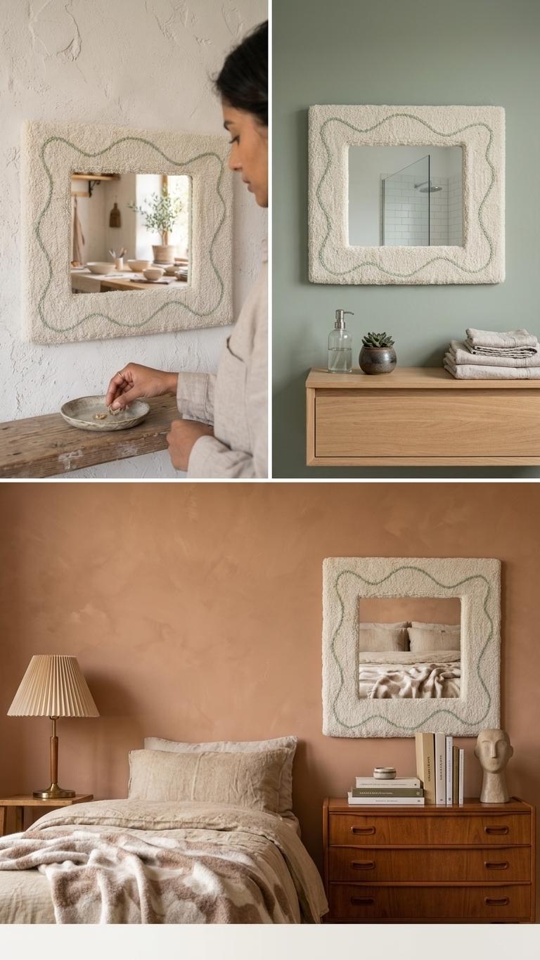 Handmade Punch Needle Mirror, Sage Green Wavy Line Tufted Frame, Cream Yarn Decor